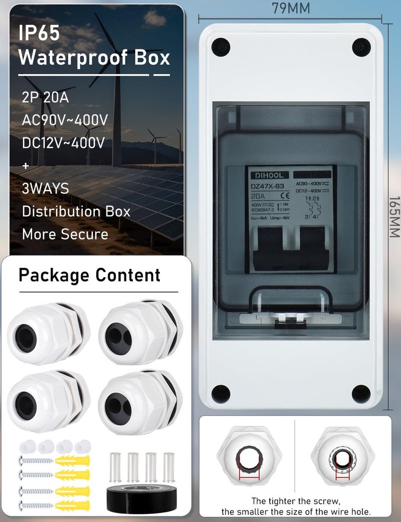 DIHOOL Solar Panel Disconnect Switch with IP65 Din Box, 20 Amp Dual Pole 12V-400V, Non Polarized AC DC Miniature Circuit Breaker, PV Array Shut Off Isolator - Image 4